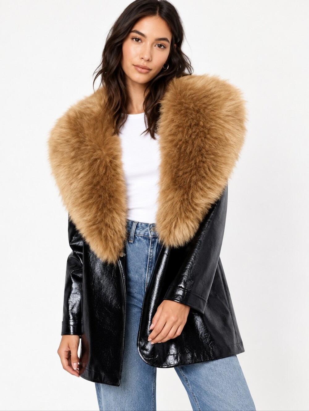 Nasty Gal Black Faux Leather Jacket with Huge Tan Removable Faux Fur Collar